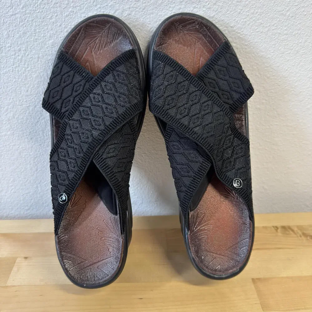 Bzees Desire Sandals Womens Sz 8.5 Black Comfort Elastic Cross Strap Wedge Slide